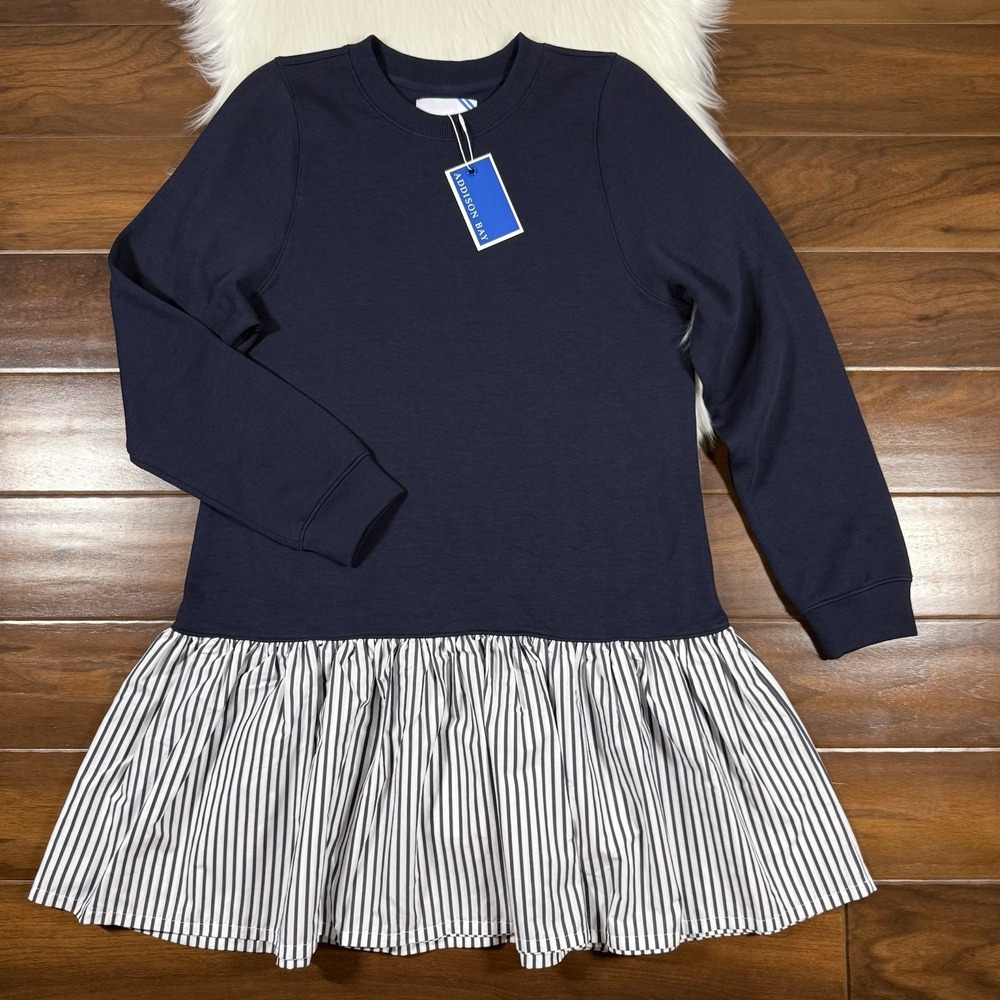 Addison Bay Navy Long Sleeve Dress with Black and White Stripe Ruffle